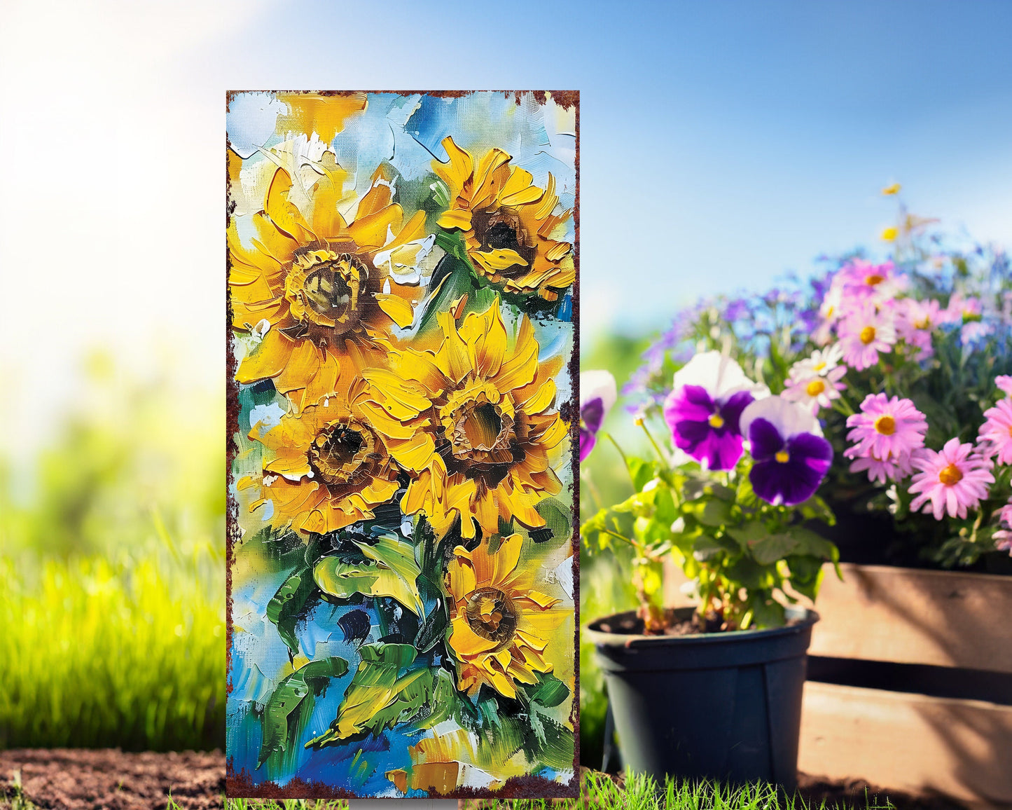 30in Summer Garden Stake - Oil Paint Style Sunflower Decor - Made in USA - Ideal for Outdoor, Yard, and Garden Decorations