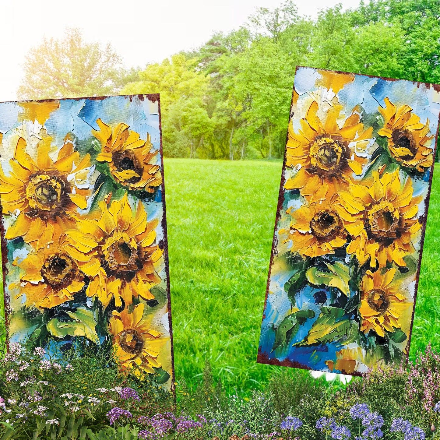 30in Summer Garden Stake - Oil Paint Style Sunflower Decor - Made in USA - Ideal for Outdoor, Yard, and Garden Decorations