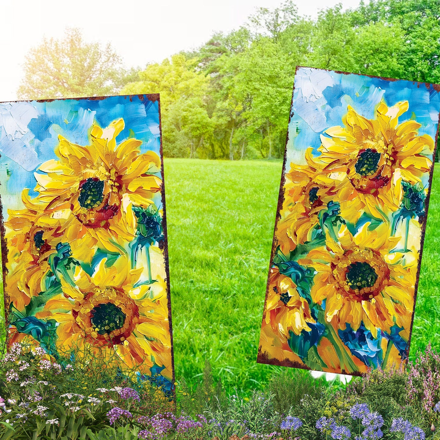 30in Summer Garden Stake - Oil Paint Style Sunflower Decor | Great for Outdoor Decor, Yard Art, and Garden Decoration