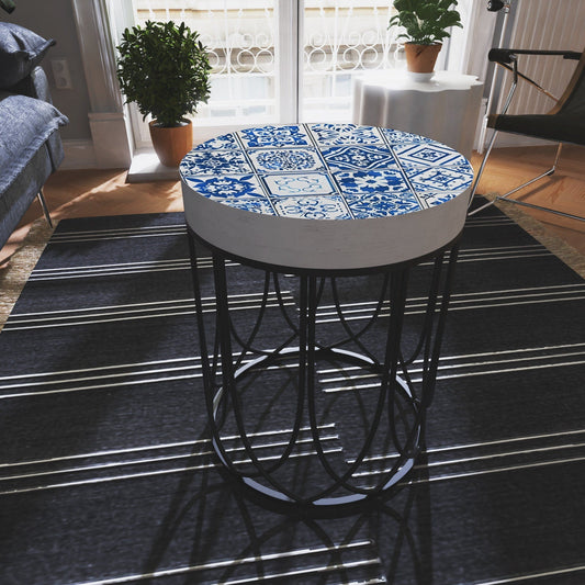 Moroccan Blue Tiles Accent Table - Farmhouse Style Round End Table  Side Table 14in Dia 17in High - Wood and Metal Construction