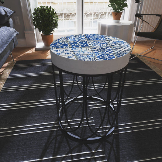 Moroccan Blue Tiles Accent Table | Farmhouse Style Round End Table  Side Table 14in Dia 17in High - Wood and Metal Construction