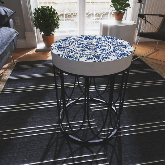 Moroccan Blue Tiles Accent Table | Farmhouse Style Round End Table | Side Table 14in Dia 17in High - Wood and Metal Construction