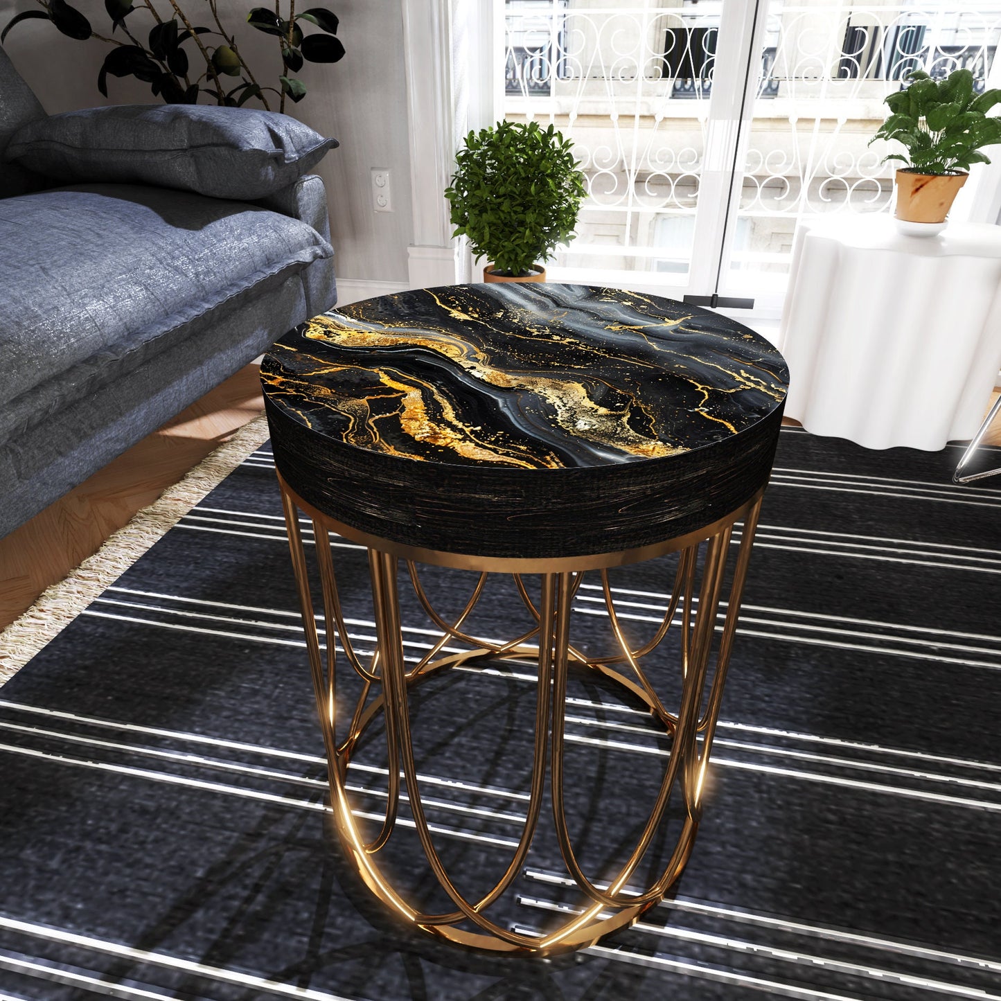 Black & Gold Marble Pattern Accent Table | 14_ Diameter, 17_ High, Round End Table, UV Print Outdoor Side Table, Wood and Metal Construction