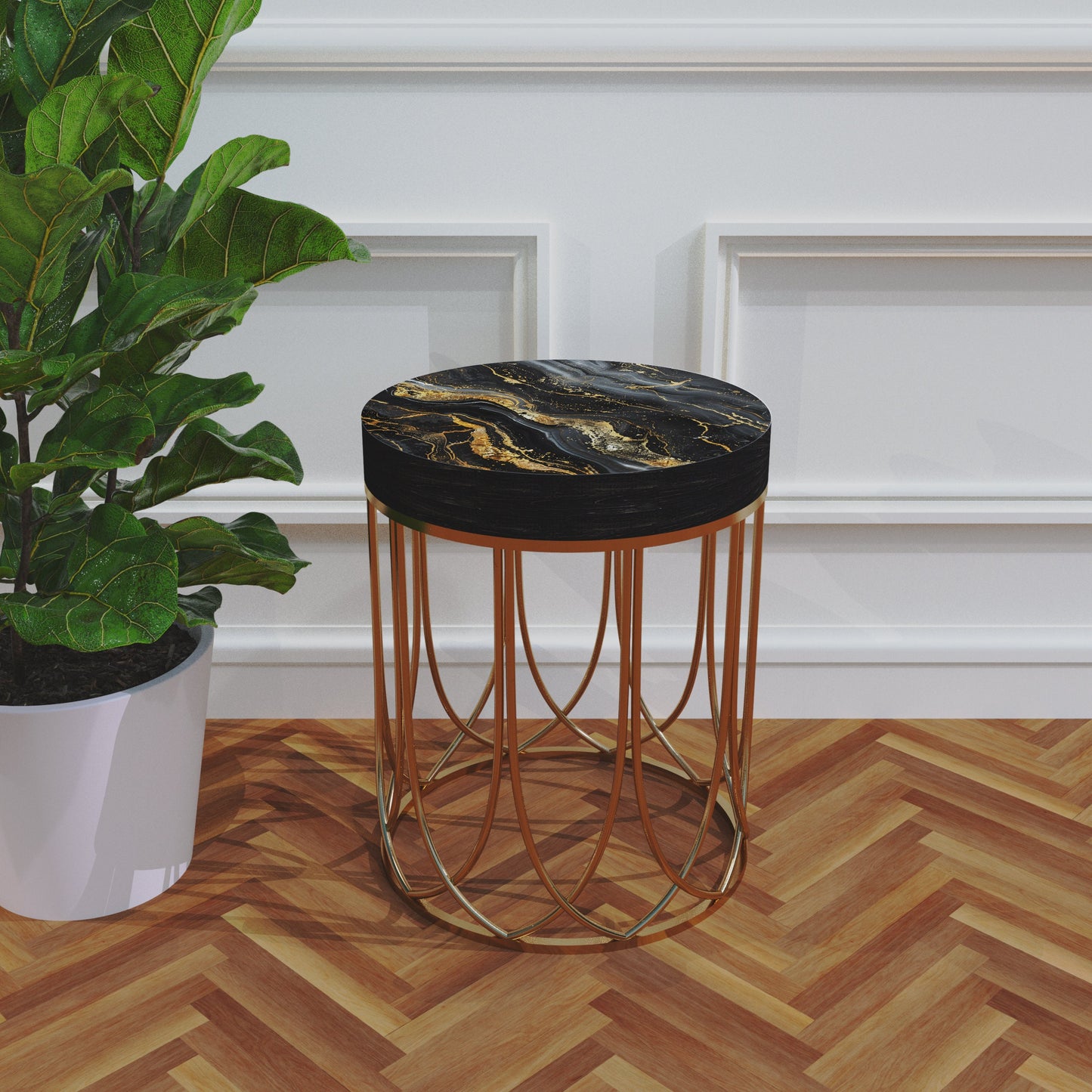 Black & Gold Marble Pattern Accent Table | 14_ Diameter, 17_ High, Round End Table, UV Print Outdoor Side Table, Wood and Metal Construction