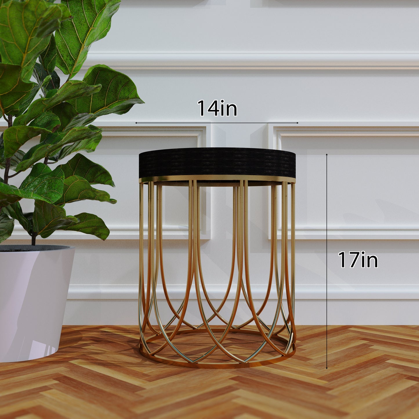 Black & Gold Marble Pattern Accent Table | 14_ Diameter, 17_ High, Round End Table, UV Print Outdoor Side Table, Wood and Metal Construction