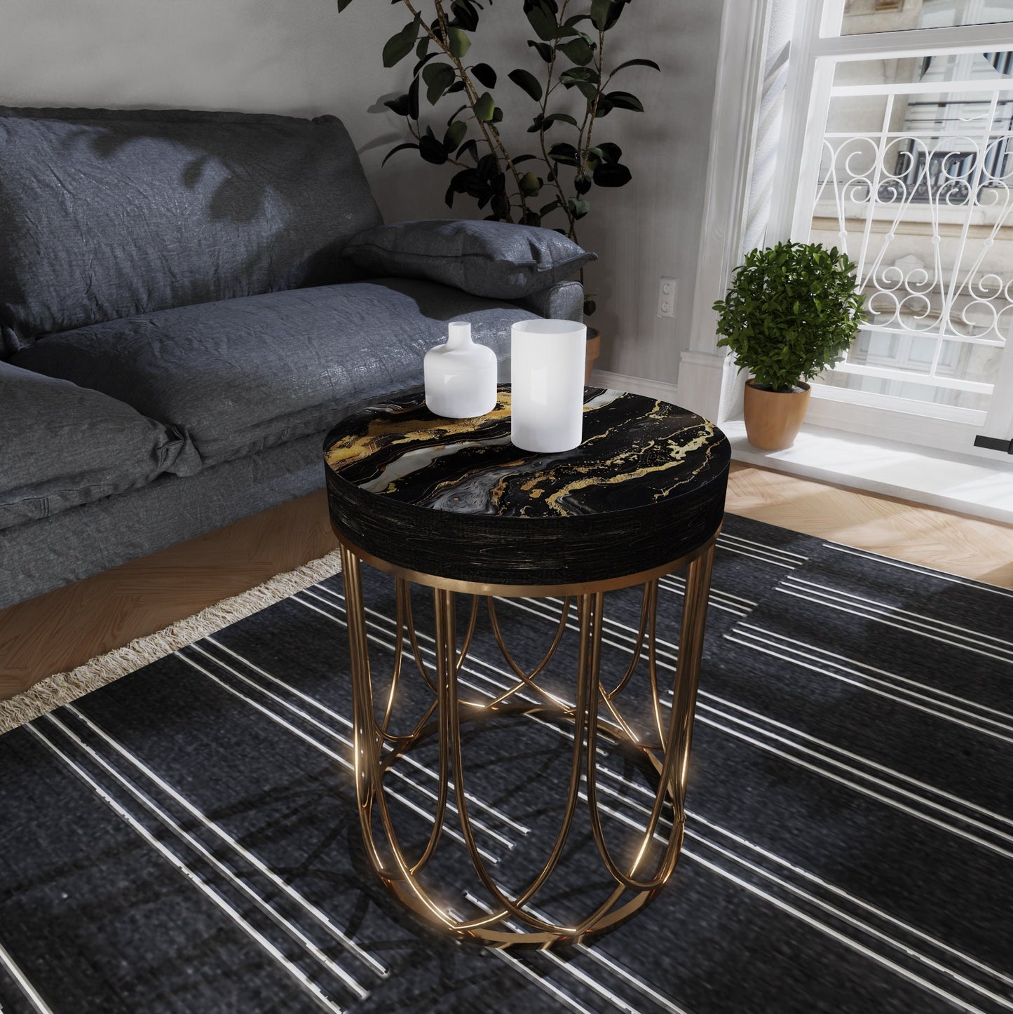 Black & Gold Marble Pattern Accent Table | 14_ Diameter| 17_ High| Round End Table, UV Print Outdoor Side Table, Wood and Metal Construction