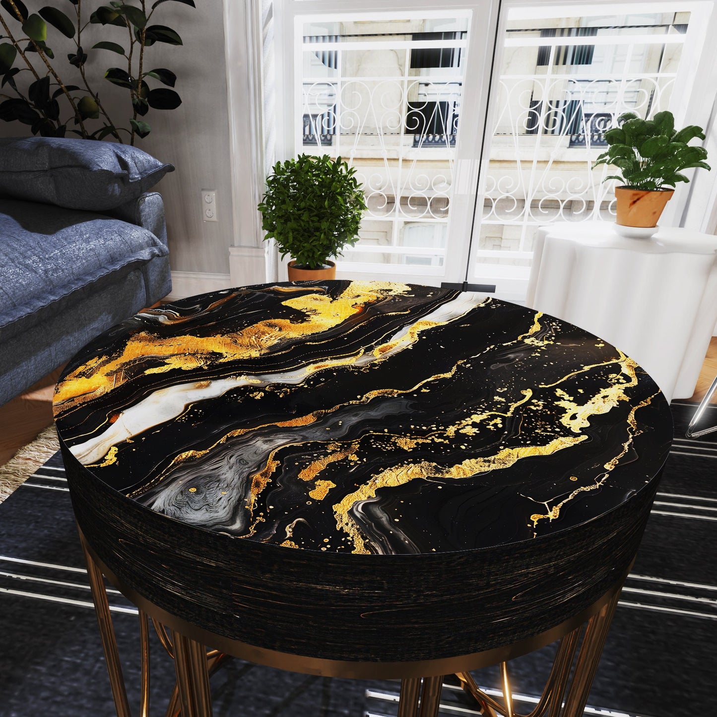 Black & Gold Marble Pattern Accent Table | 14_ Diameter| 17_ High| Round End Table, UV Print Outdoor Side Table, Wood and Metal Construction