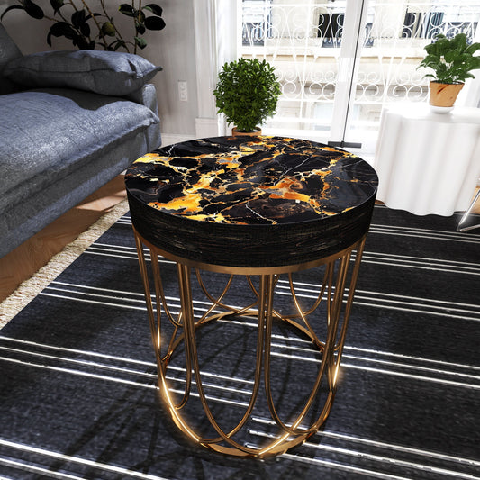 Black & Gold Marble Pattern Accent Table | 14_ Diameter| 17_ High| Round End Table| UV Print Outdoor Side Table, Wood and Metal Construction