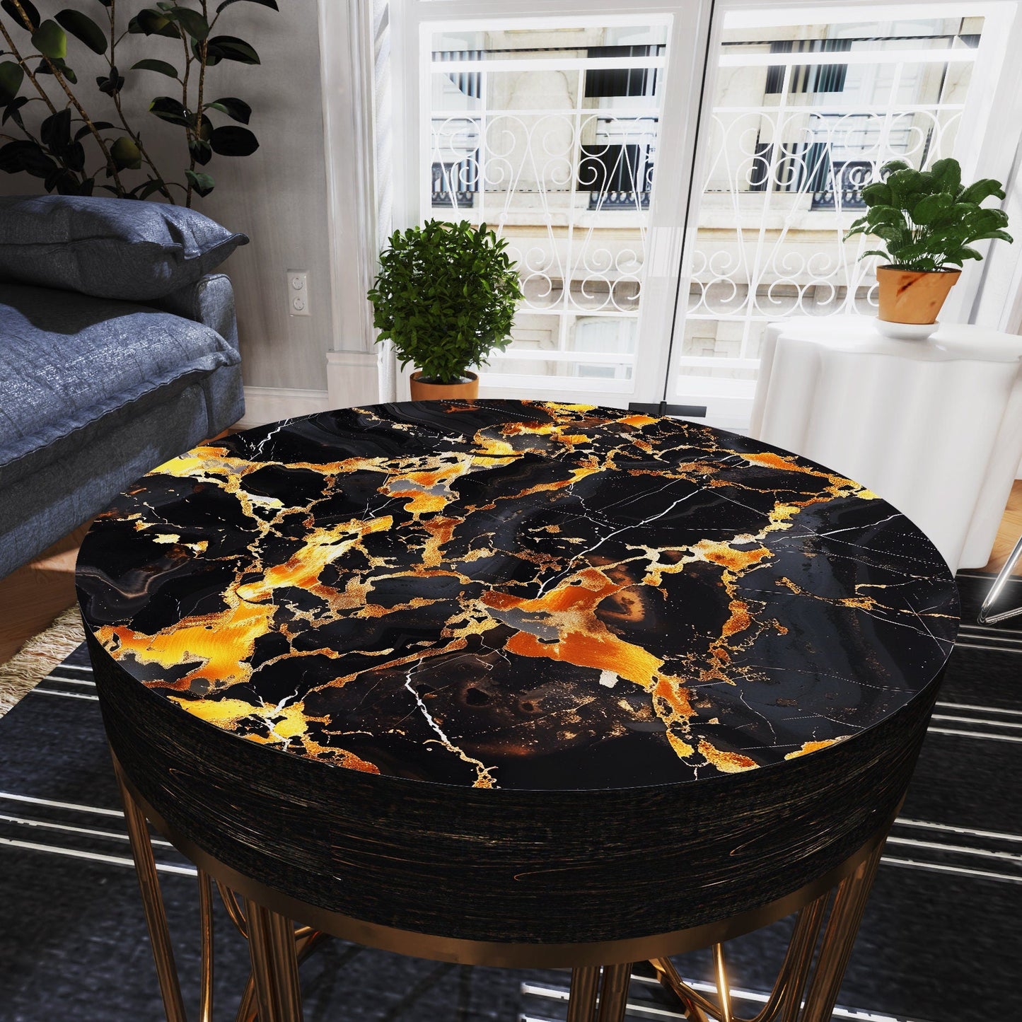 Black & Gold Marble Pattern Accent Table | 14_ Diameter| 17_ High| Round End Table| UV Print  Side Table, Wood and Metal Construction