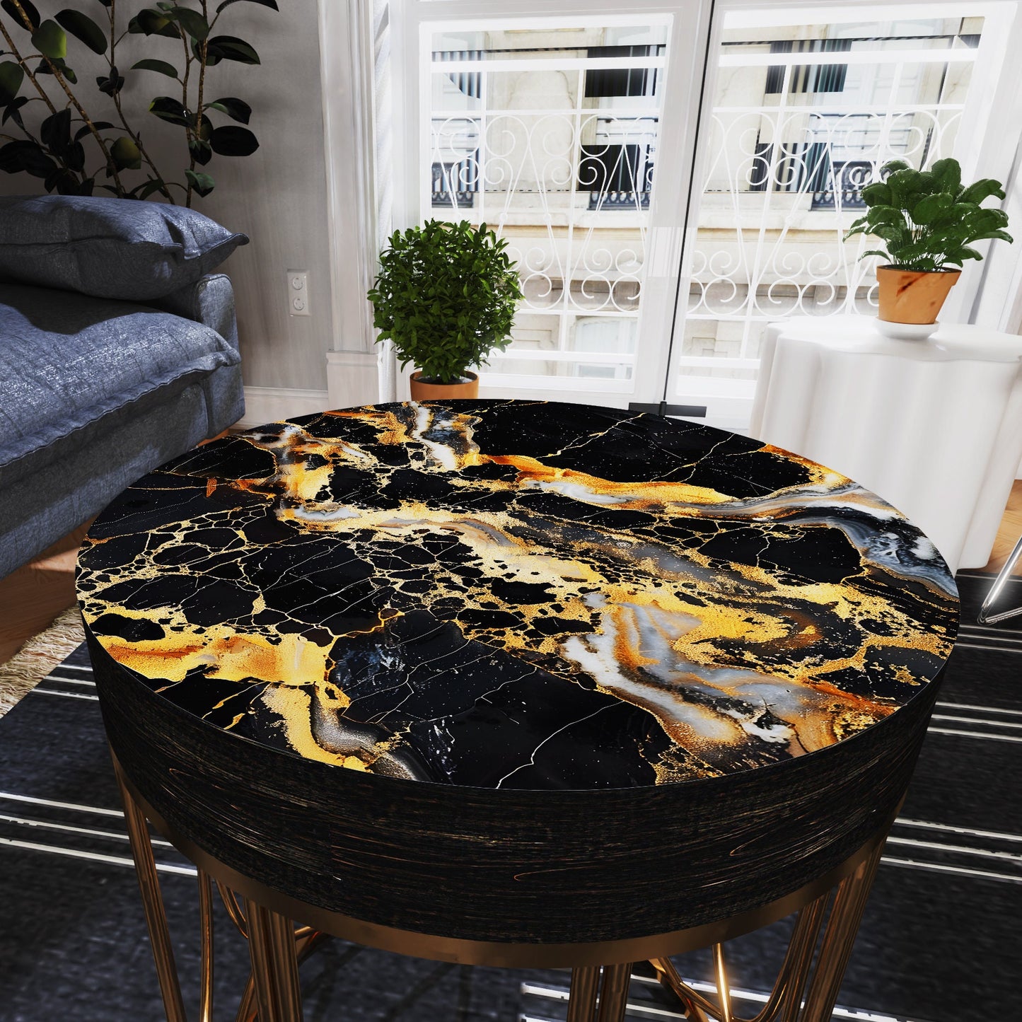 Black & Gold Marble Pattern Accent Table | 14in Diameter | 17in High | Round End Table | UV Print Side Table | Wood and Metal Construction