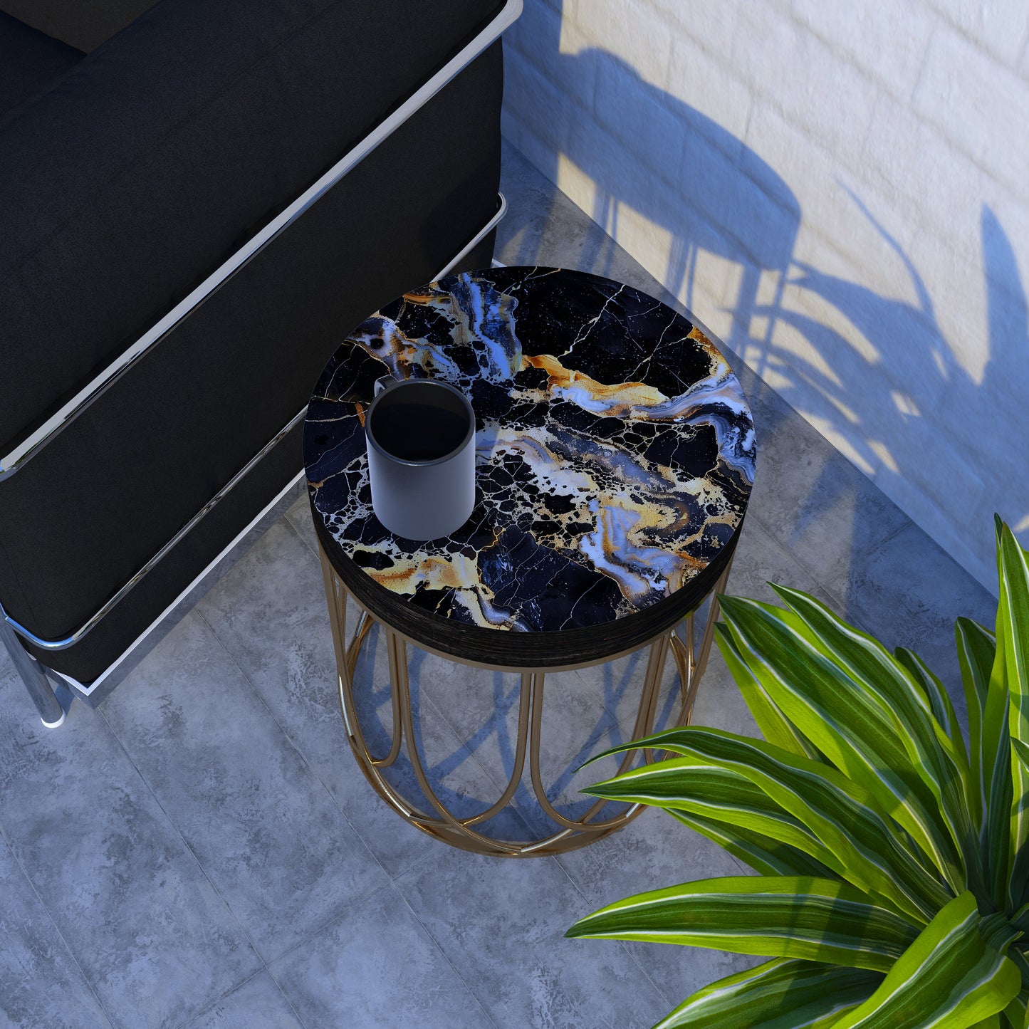 Black & Gold Marble Pattern Accent Table | 14in Diameter | 17in High | Round End Table | UV Print Side Table | Wood and Metal Construction