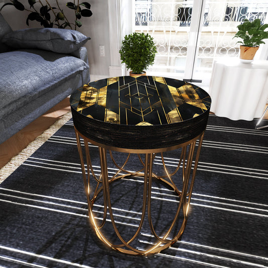 Black & Gold Geometric Accent Table | 14_ Round End Table for Indoor Outdoor, UV Print Side Table, Wood and Metal Construction