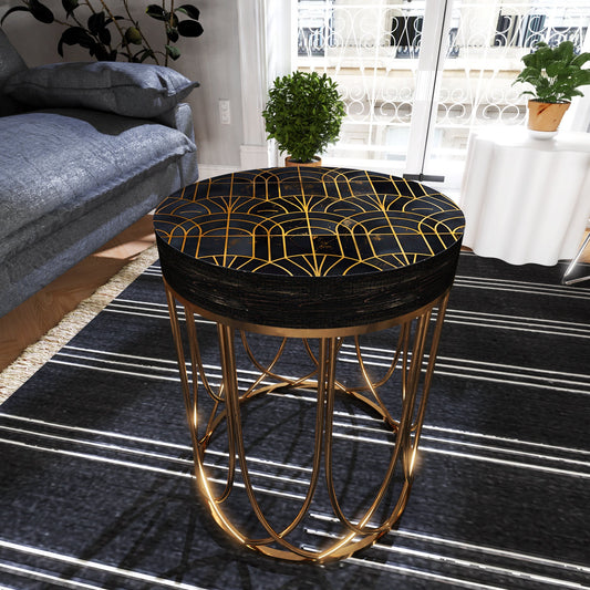 Black & Gold Geometric Accent Table | 14_ Round End Table for Indoor Outdoor | UV Print Side Table, Wood and Metal Construction