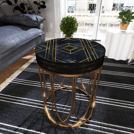 Black & Gold Geometric Accent Table | 14_ Round End Table for Indoor Outdoor | UV Print Side Table| Wood and Metal Construction