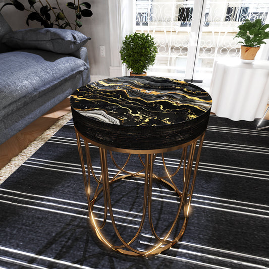 Black & Gold Marble Pattern Accent Table, 14_ Diameter, 17_ High, Round End Table, UV Print Outdoor Side Table, Wood and Metal Construction