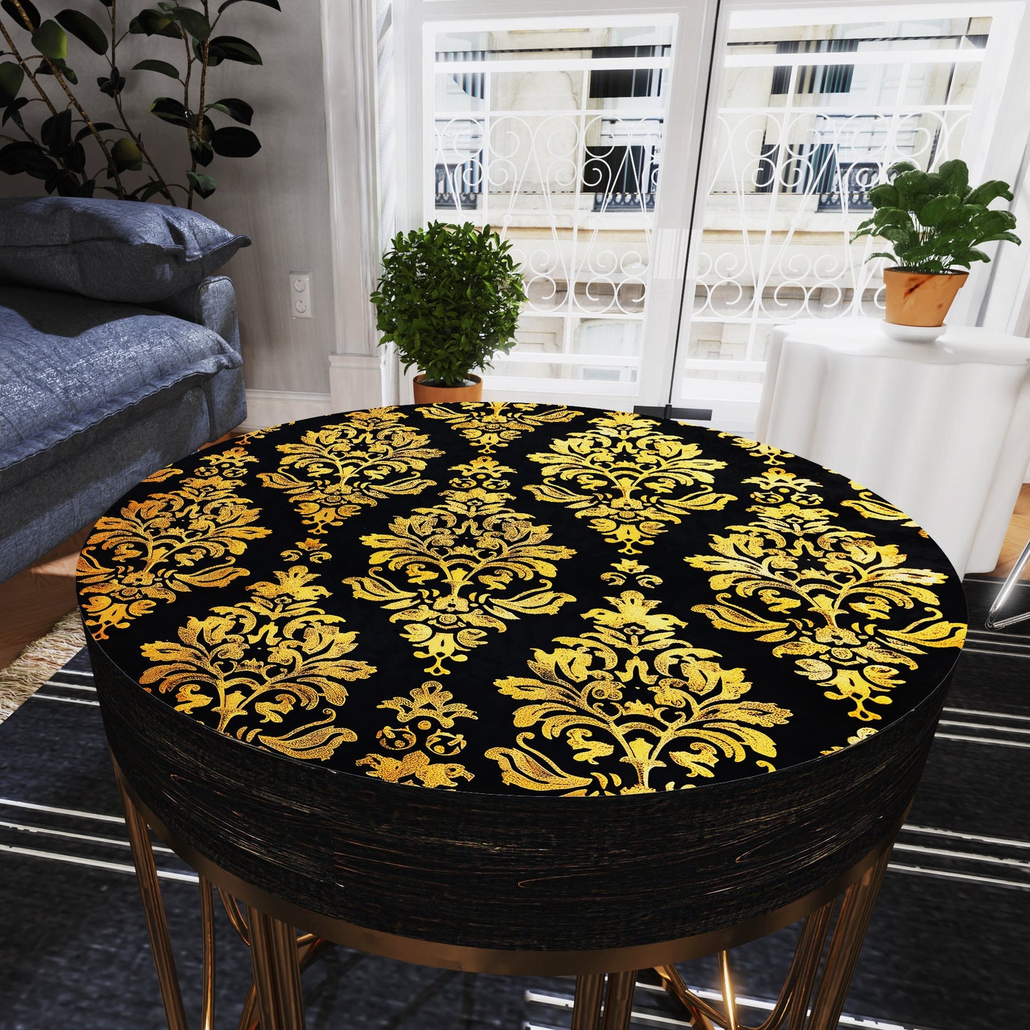 Black & Gold Victorian Pattern Accent Table, 14_ Diameter, 17_ High, Round End Table, UV Print Outdoor Wood and Metal Construction