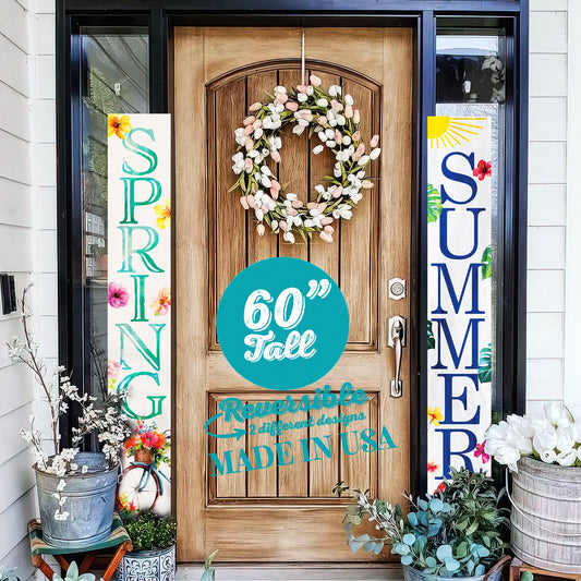 60in Spring Sign - Summer Porch Sign | Vintage Seasonal Decoration | Reversible Entryway Porch Board | Rustic Outdoor Welcome Sign