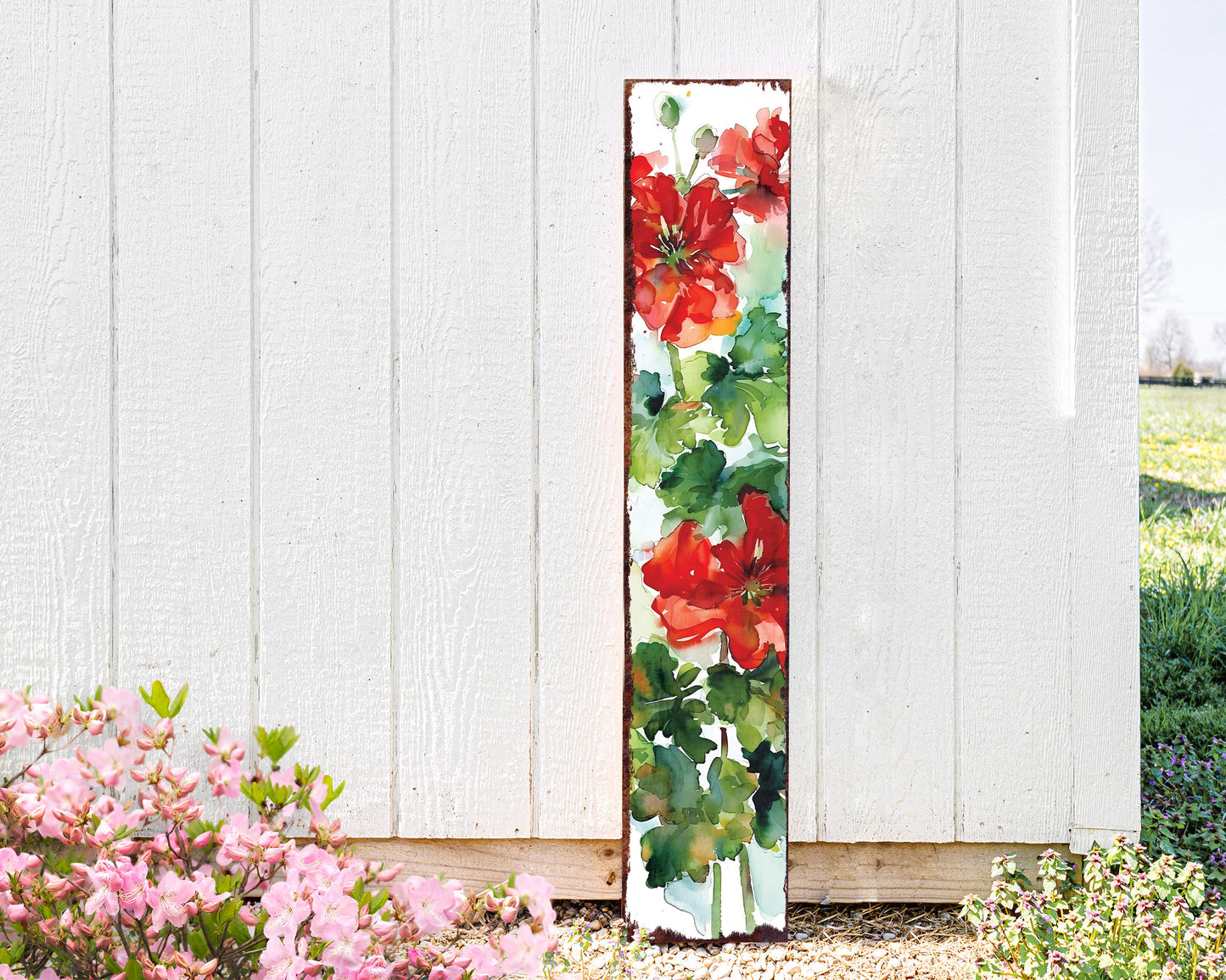 48in Summer Red Geraniums Wooden Porch Sign - Rustic Farmhouse Decor - Ideal for Door, Wall, Outdoor Entryway - UV Protected & Sealed