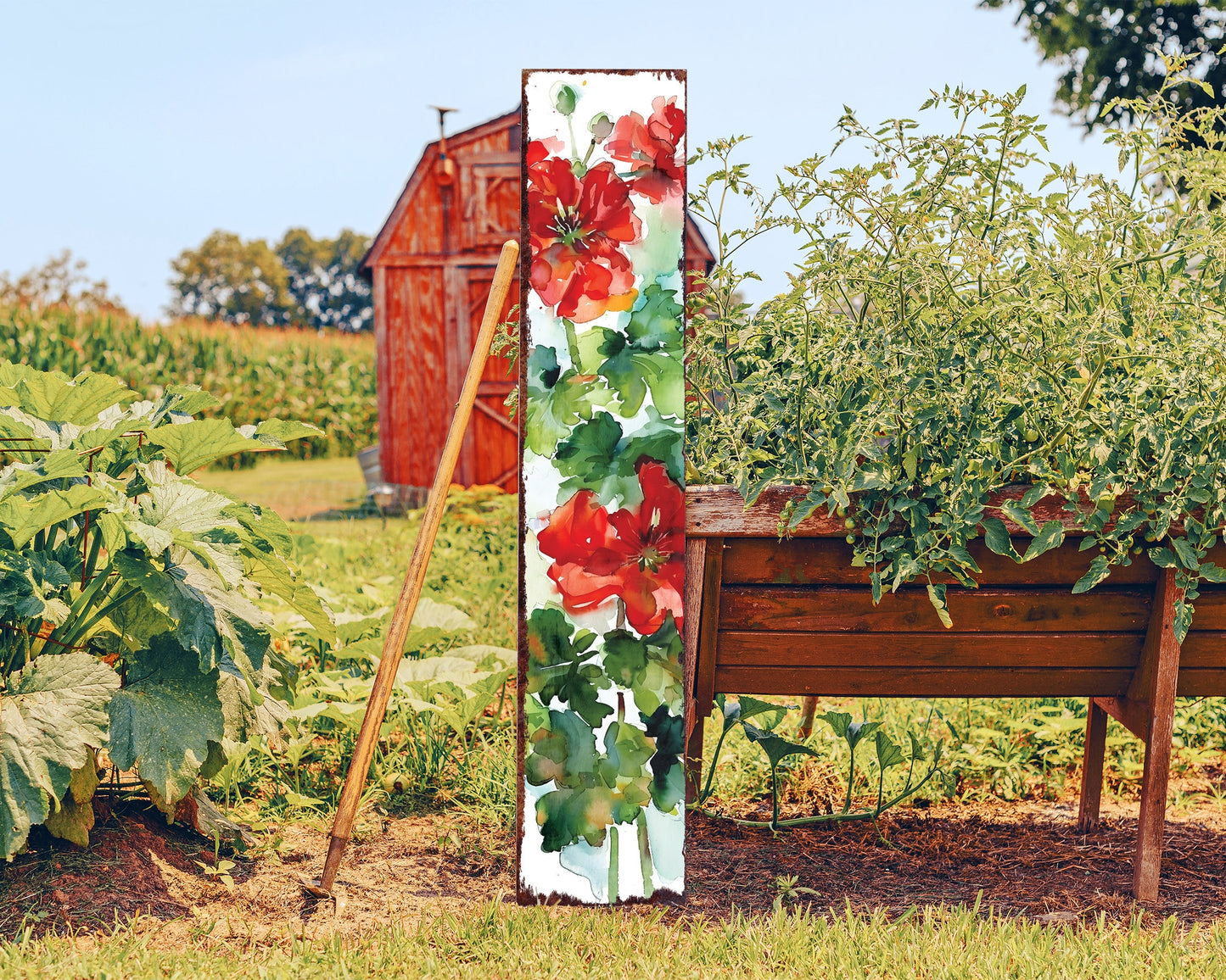 48in Summer Red Geraniums Wooden Porch Sign - Rustic Farmhouse Decor - Ideal for Door, Wall, Outdoor Entryway - UV Protected & Sealed