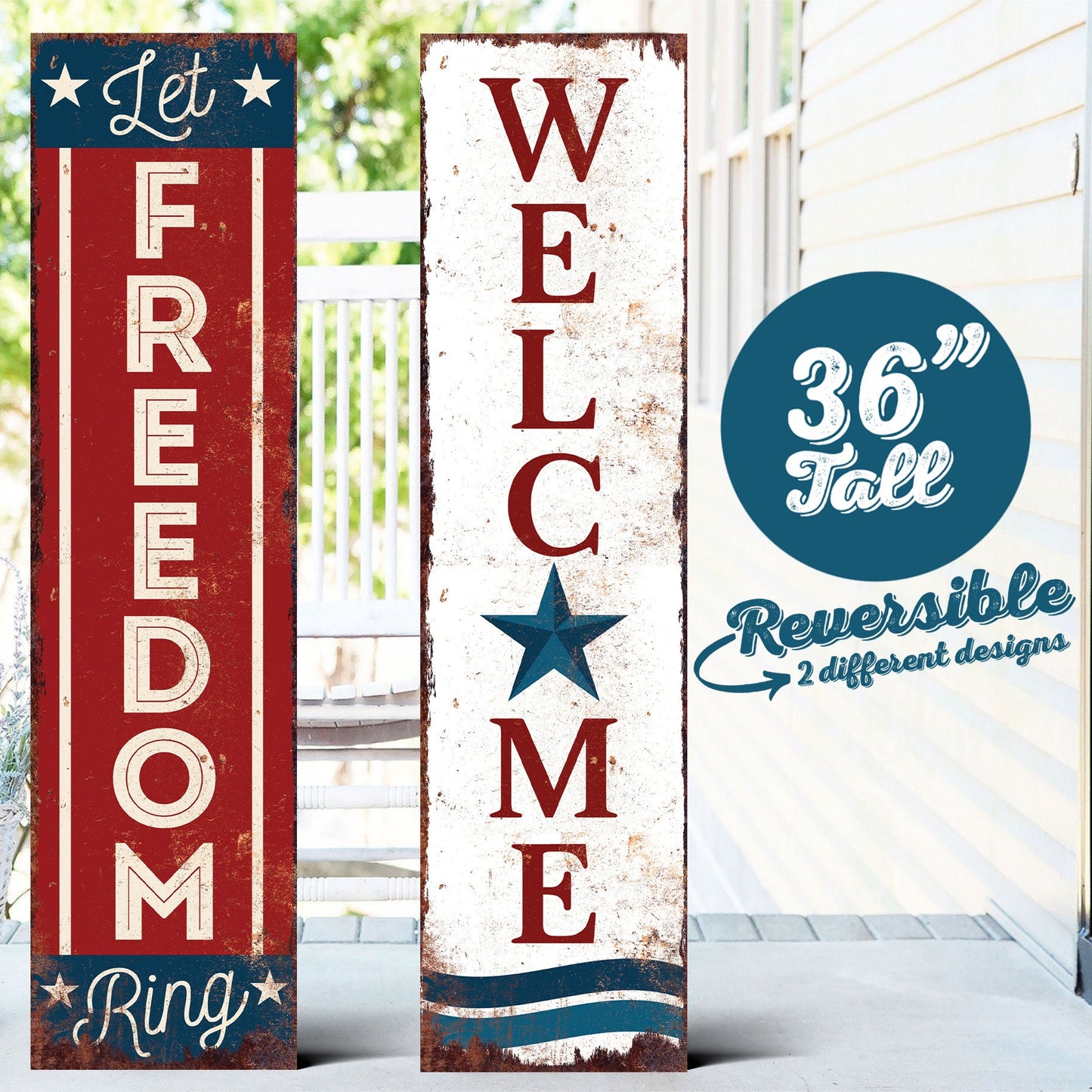 36in 4th of July Porch Sign - Rustic Farmhouse Decor - UV Protected, Sealed, Reversible - Ideal for Door, Wall, Outdoor Entryway