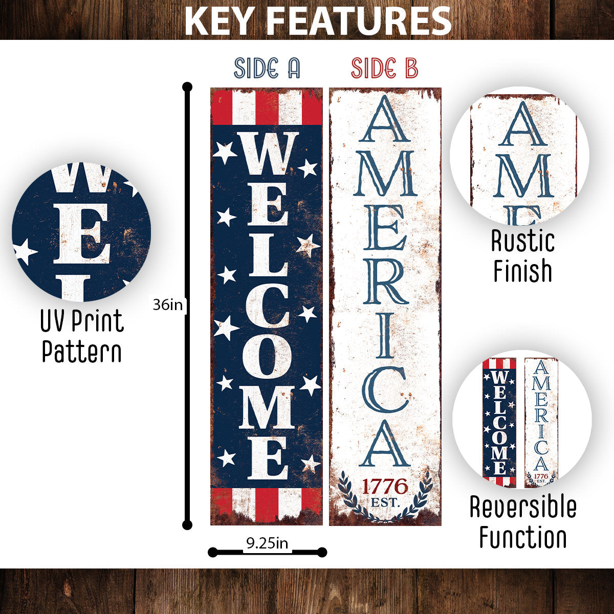 36in 4th of July Porch Sign - Rustic Farmhouse Decor - UV Protected, Reversible - Ideal for Door, Wall, Outdoor Entryway