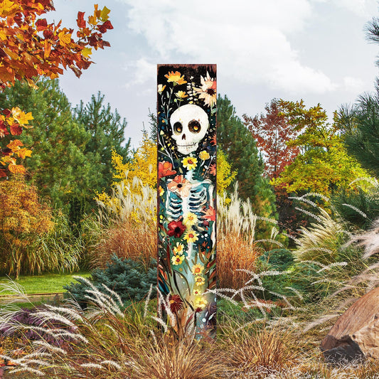 42in Halloween Garden Stake | Wooden Decor | Watercolor Skeleton - Outdoor Patio & Lawn Decoration - Wildflower Halloween Decor