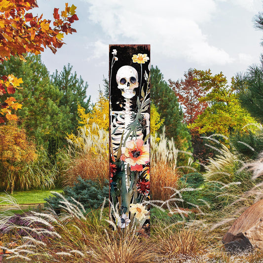 42in Halloween Wooden Garden Stake, Watercolor Skeleton, Outdoor Patio & Lawn Decoration, Wildflower Halloween Decor