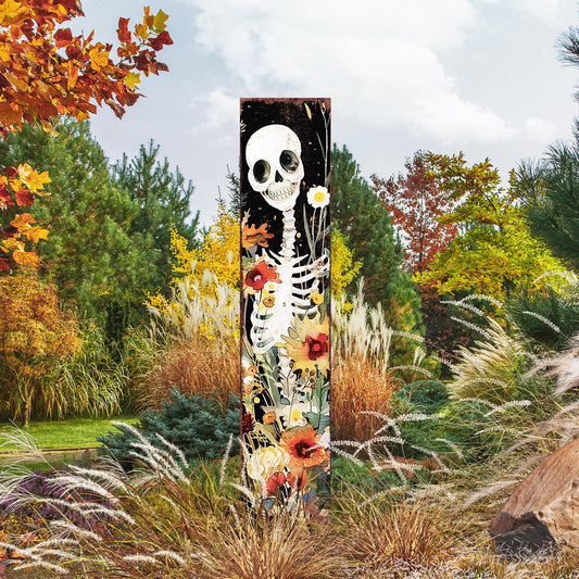 42in Halloween Garden Stake, Watercolor Skeleton, Wooden Outdoor Patio & Lawn Decoration, Wildflower Halloween Decor