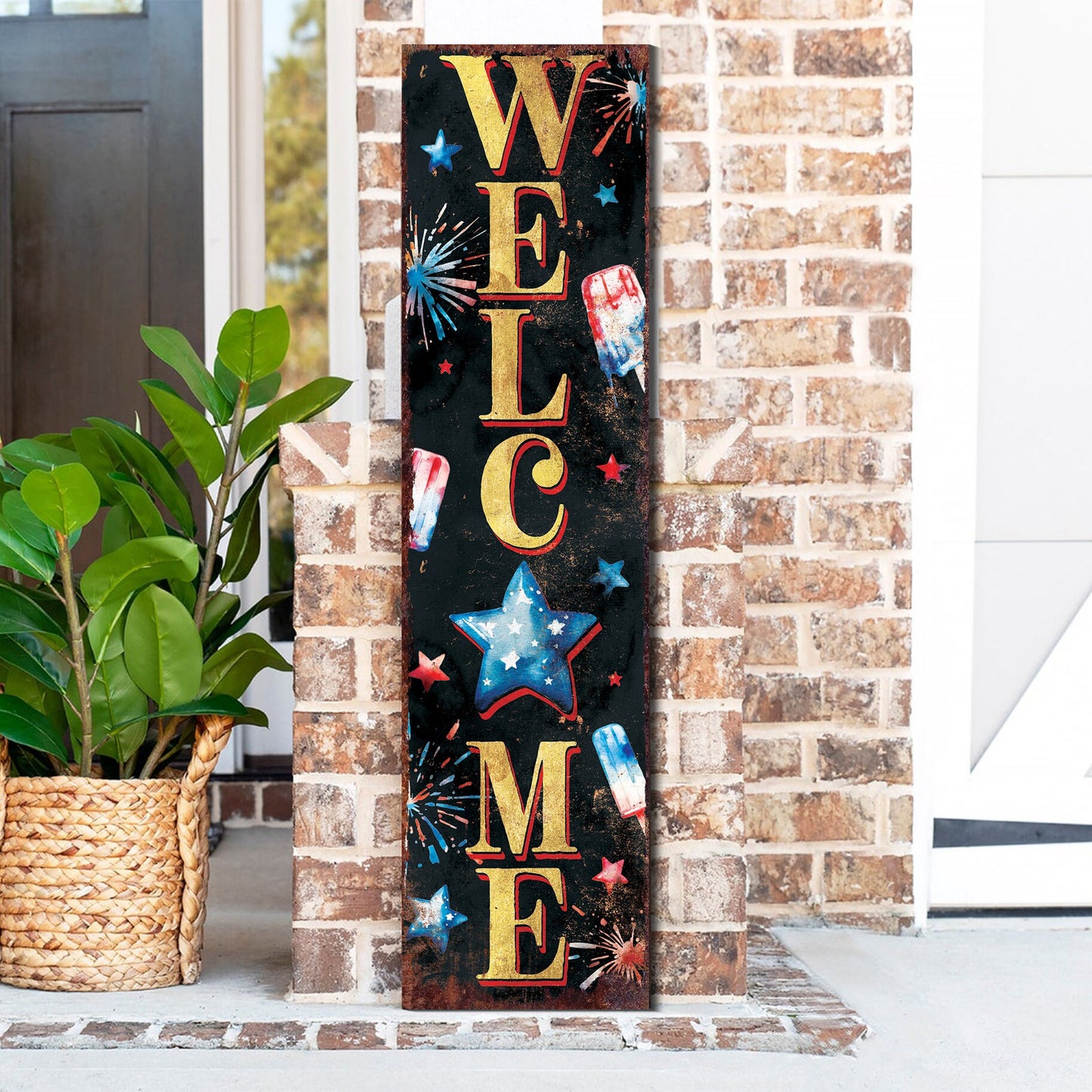 36in 4th of July Porch Sign - Rustic Farmhouse Decor - UV Protected, Reversible - Ideal for  Mantel ,  Outdoor Entryway, Wall, Door