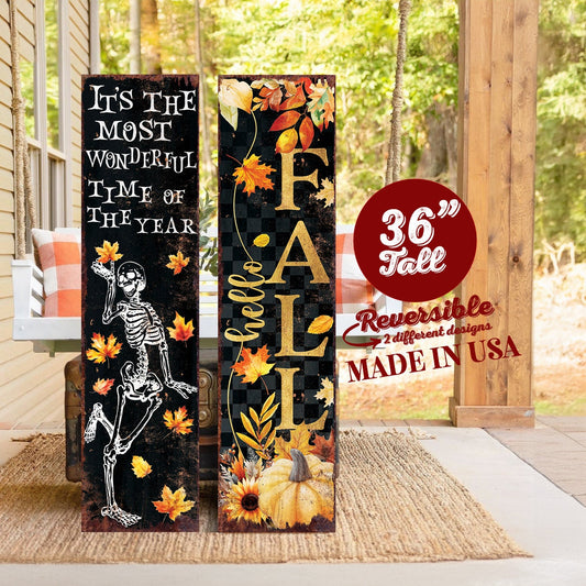 36in Fall Halloween Porch Sign - Vintage Autumn Decoration - Rustic Modern Farmhouse Entryway Decor - Reversible Design