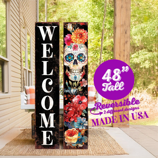 48in Welcome Sign - Dia De Los Muertos Sugar Skull Porch Sign - Vintage Day of the Dead Decoration - Reversible Entryway Porch Decor