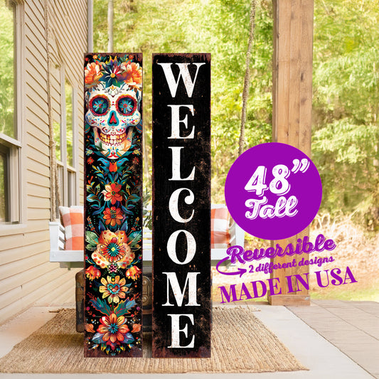 48in Welcome Sign | Dia De Los Muertos Sugar Skull Porch Sign - Vintage Day of the Dead Decoration - Reversible Entryway Porch Leaner