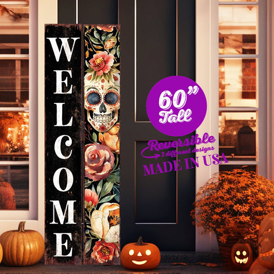 60inch Welcome Sign | Dia De Los Muertos Sugar Skull Porch Sign - Vintage Day of the Dead Decoration - Reversible Entryway Porch Decor