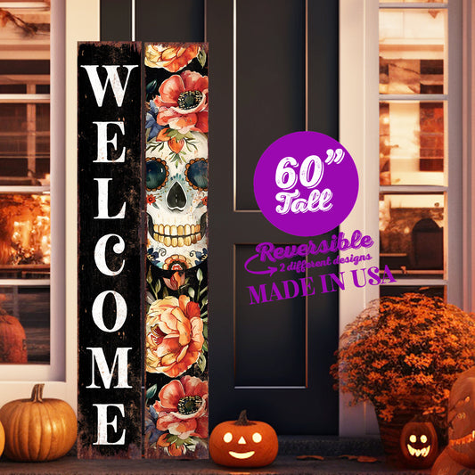 60in Welcome Sign - Dia De Los Muertos Sugar Skull Porch Sign - Vintage Day of the Dead Decoration - Reversible Entryway Porch Decor