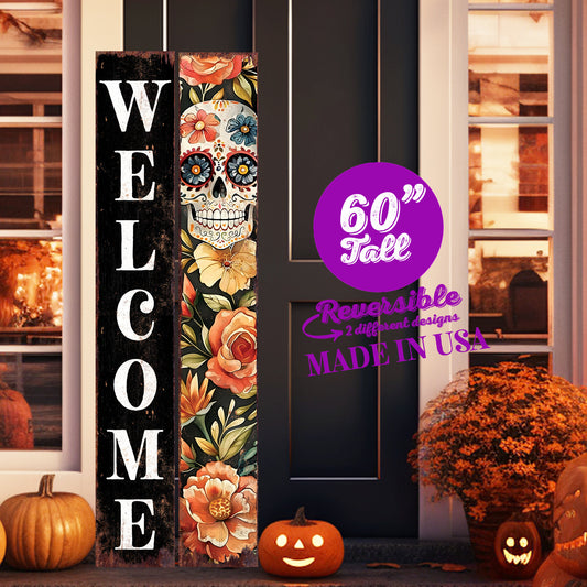 60in Welcome Sign | Dia De Los Muertos Sugar Skull Porch Sign - Vintage Day of the Dead Decoration - Reversible Entryway Porch Decor