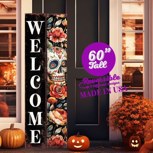 60in Welcome Sign | Dia De Los Muertos Sugar Skull Porch Sign | Vintage Day of the Dead Decoration - Reversible Entryway Porch Decorative