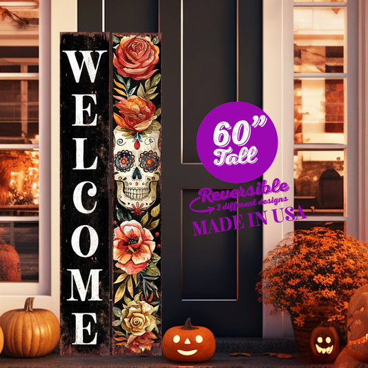 60in Welcome Sign | Dia De Los Muertos Sugar Skull Porch Sign | Vintage Day of the Dead Decoration - Reversible Entryway Porch Decoration