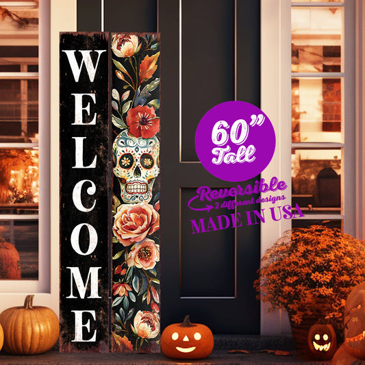 60in Welcome Sign | Dia De Los Muertos Sugar Skull Porch Sign - Vintage Day of the Dead Decoration - Reversible Entryway Porch Decoration