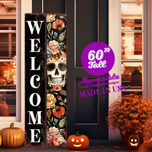 60in Welcome Sign - Dia De Los Muertos Sugar Skull Porch Sign - Vintage Day of the Dead Decoration - Reversible Entryway Porch Board