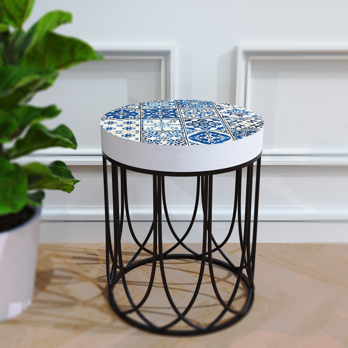 Moroccan Blue Tiles Accent Table | Farmhouse Style Round End Table - Outdoor Side Table 14in Dia 17in High - Wood and Metal Construction