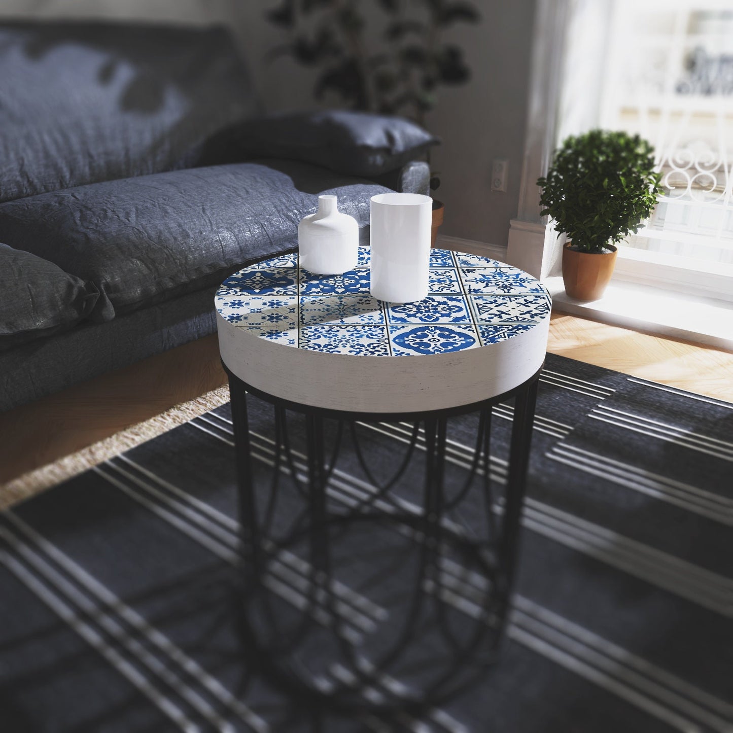 Moroccan Blue Tiles Accent Table | Farmhouse Style Round End Table - Outdoor Side Table 14in Dia 17in High - Wood and Metal Construction