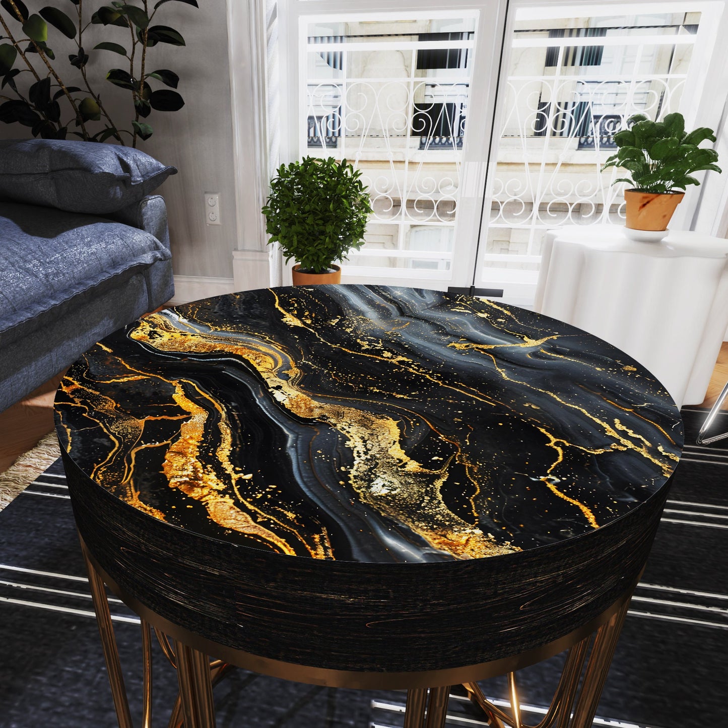 Black & Gold Marble Pattern Accent Table | 14_ Diameter, 17_ High, Round End Table, UV Print Outdoor Side Table, Wood and Metal Construction