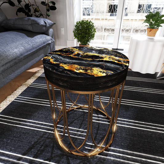 Black & Gold Marble Pattern Accent Table | 14_ Diameter, 17_ High| Round End Table, UV Print Outdoor Side Table, Wood and Metal Construction