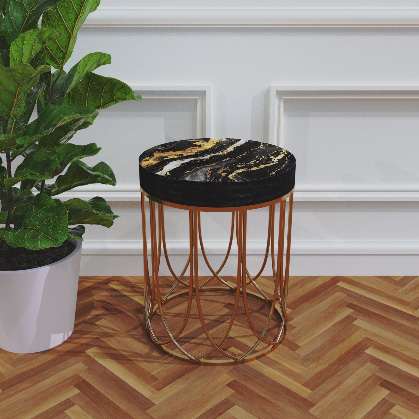 Black & Gold Marble Pattern Accent Table | 14_ Diameter| 17_ High| Round End Table, UV Print Outdoor Side Table, Wood and Metal Construction