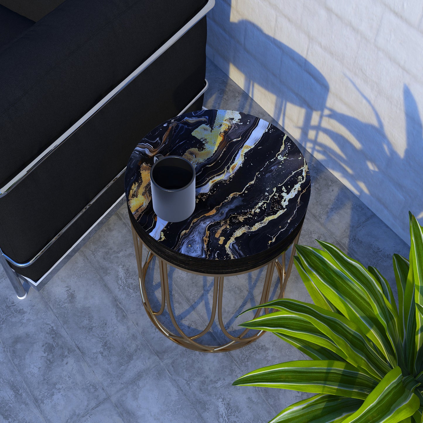 Black & Gold Marble Pattern Accent Table | 14_ Diameter| 17_ High| Round End Table, UV Print Outdoor Side Table, Wood and Metal Construction