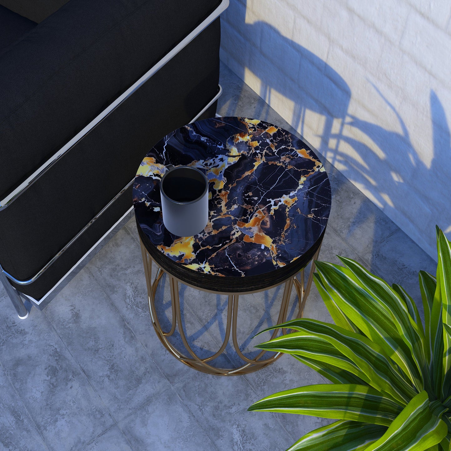 Black & Gold Marble Pattern Accent Table | 14_ Diameter| 17_ High| Round End Table| UV Print  Side Table, Wood and Metal Construction