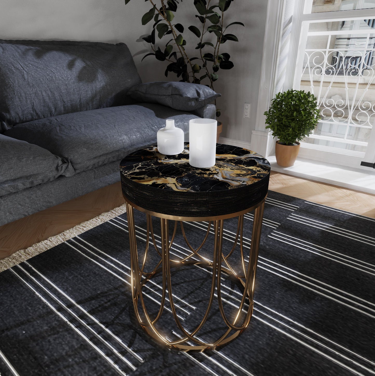 Black & Gold Marble Pattern Accent Table | 14in Diameter | 17in High | Round End Table | UV Print Side Table | Wood and Metal Construction