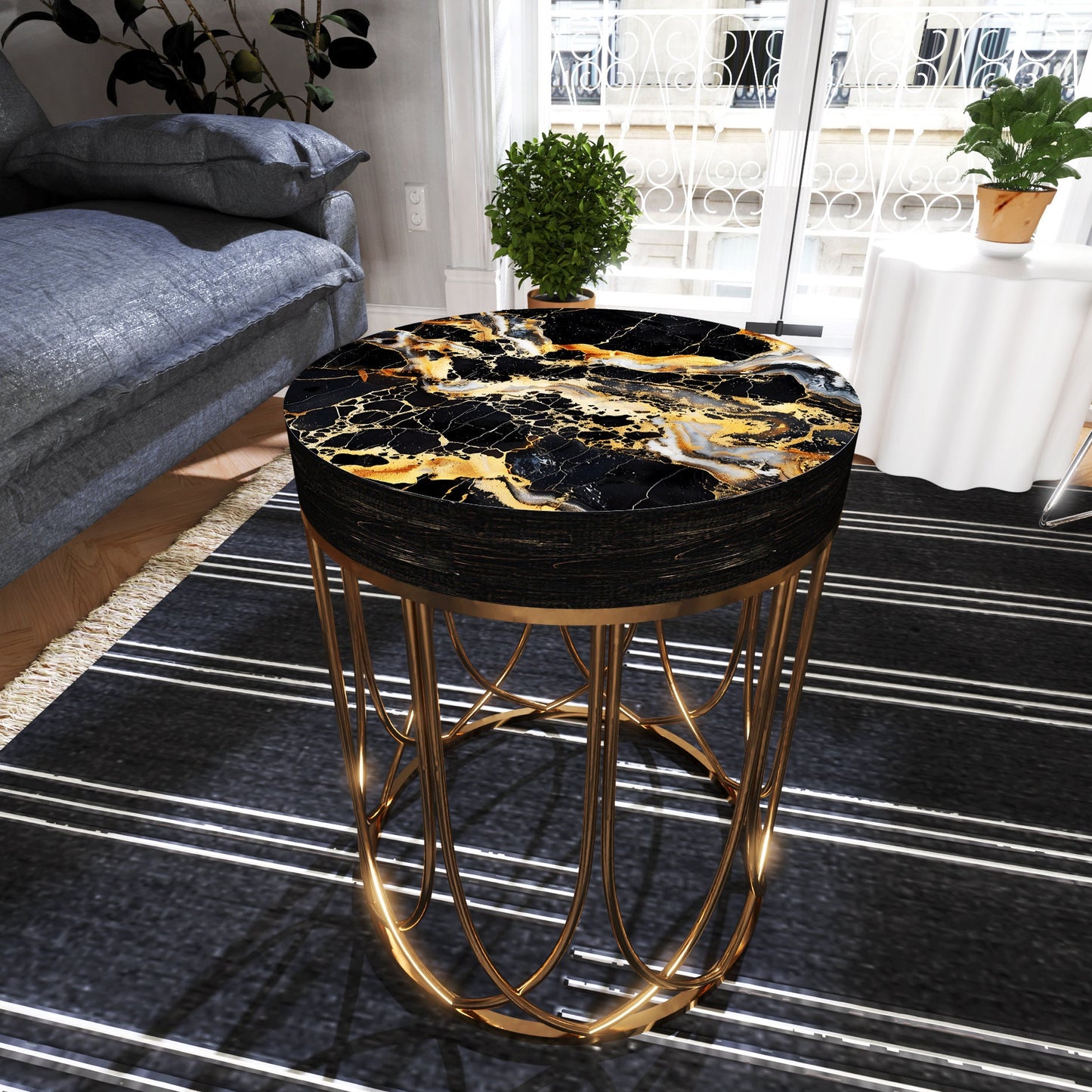 Black & Gold Marble Pattern Accent Table | 14in Diameter | 17in High | Round End Table | UV Print Side Table | Wood and Metal Construction