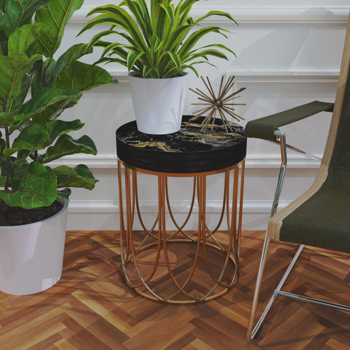 Black & Gold Marble Pattern Accent Table | 14in Diameter | 17in High | Round End Table | UV Print Side Table | Wood and Metal Construction