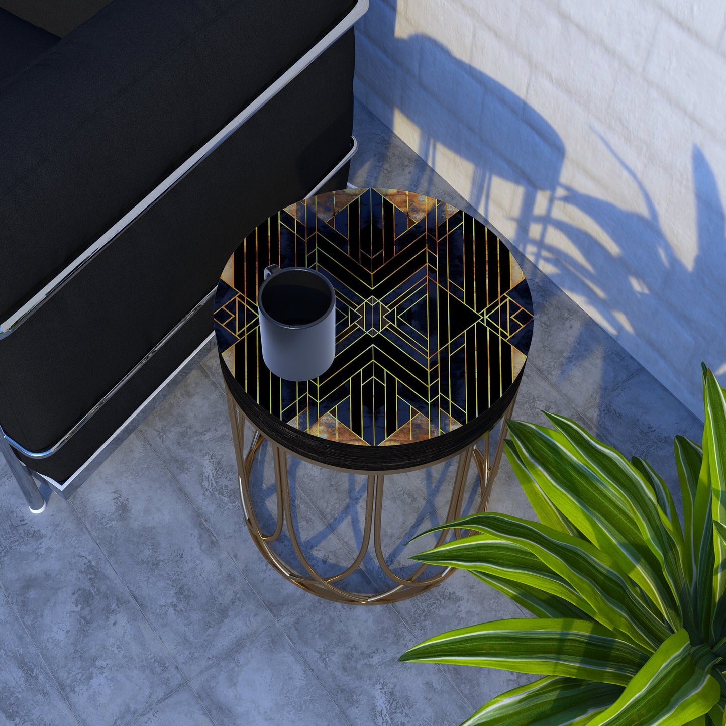 Black & Gold Geometric Accent Table - 14_ Round End Table for Indoor , UV Print Side Table, Wood and Metal Construction